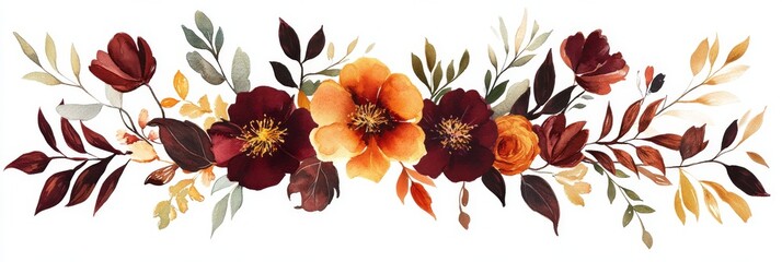 A stunning autumn floral wreath featuring vibrant flowers, lovely leaves, and wildflowers, perfect for fallthemed invitations or card designs that capture the seasons cozy charm