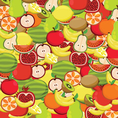 Fototapeta premium A set of juicy ripe fruits and slices. Apple, kiwi, pear, watermelon, orange, banana, pomegranate, lemon.