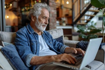 Elderly man sitting on a sofa at home using a laptop computer.