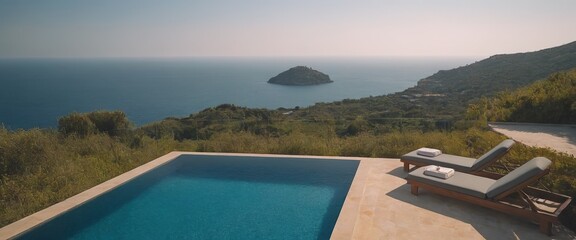 A beautiful white house with a refreshing pool in front