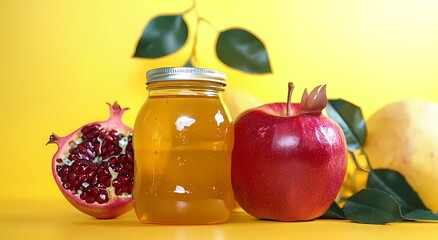 A jar of honey with a red apple and pomegranate against a bright yellow background.