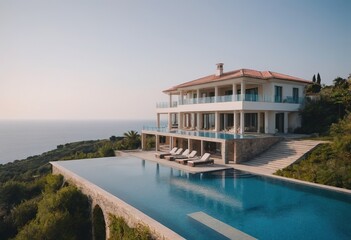 Fototapeta premium A beautiful white house with a refreshing pool in front