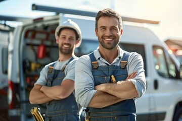 Two smiling repairmen in overalls standing with their arms crossed in front of a van.