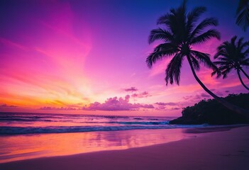 A tranquil beach scene at night adorned with palm trees and a vibrant purple sky