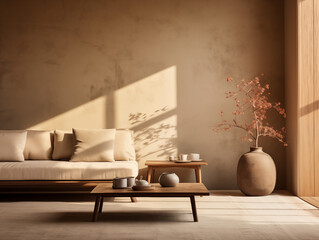 Japandi and wabi sabi inspired living room interior with wood, pottery and texture elements in neutral with autumn palette colors accent