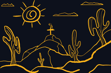 Vulture atop a hill with cross surveying desert landscape