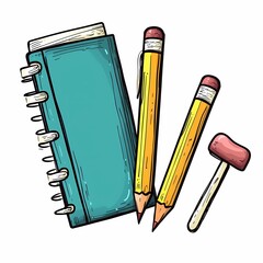 Colorful stationery items including a notebook, pencils, and an eraser.