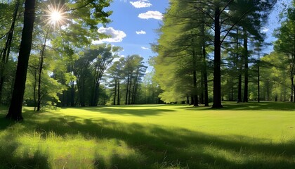 Sunny grassy field embraced by trees under a clear blue sky