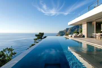 Fototapeta premium A luxurious infinity pool reflects the sky while overlooking the serene ocean, surrounded by lush greenery at a contemporary coastal villa during daylight.