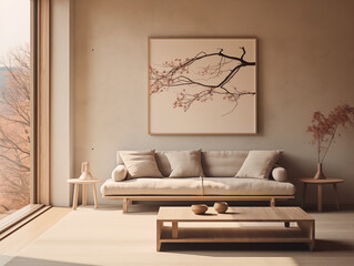 Japandi and wabi sabi inspired living room interior with wood, pottery and texture elements in neutral with autumn palette colors accent