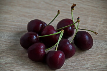 Heap of many ripe red cherries with stems, Sofia, Bulgaria 