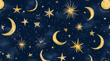Naklejka premium A seamless pattern of hand-drawn stars and crescent moons on a navy blue background.