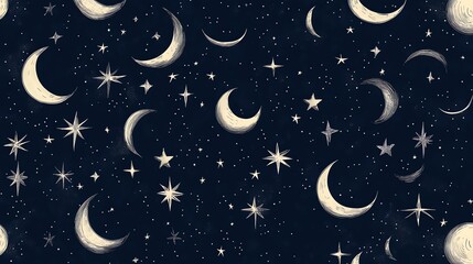 Naklejka premium Seamless pattern of hand-drawn moons and stars on a dark blue background.