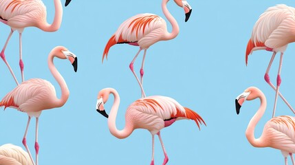 Obraz premium A pattern of pink flamingos on a light blue background.
