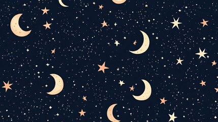 Naklejka premium Seamless pattern with moons and stars on a dark blue background.