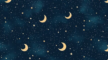 Naklejka premium A whimsical night sky pattern with moons and stars in gold on a dark blue background.