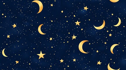Naklejka premium A seamless pattern of gold moons and stars on a dark blue background.