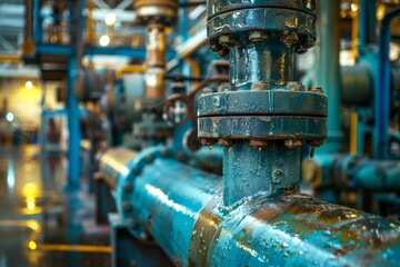 Metal pipes and valves show signs of wear in a manufacturing facility, illuminated by warm ambient light, highlighting the industrial environment and machinery involved in production.