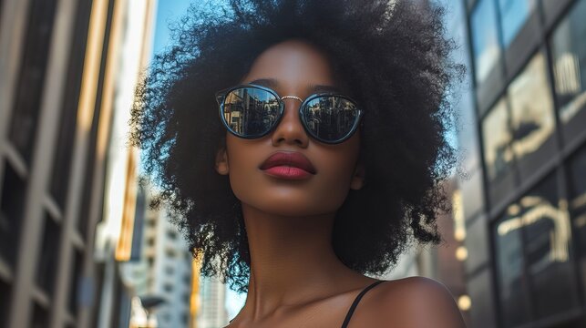 gorgeous model in black sunglasses, having a summer clothes photo shoot in a city, concept of lifestyle and fashion