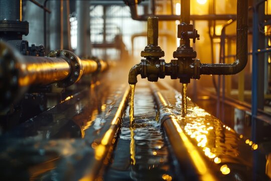 Glistening pipes and valves are visible in an industrial environment, illuminated by golden sunlight filtering through the facility in the afternoon.