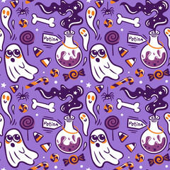 A Spooky Halloween Pattern featuring Ghosts, Bats, and a variety of Sweet Treats galore. Vintage cute illustration. Seamless pattern for wallpaper, fabric, wrapping, background.
