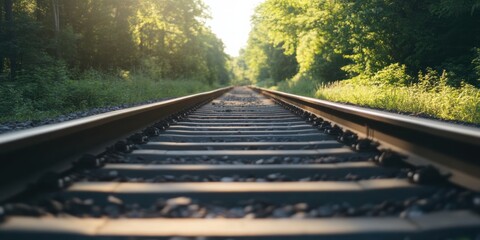 Obraz premium A serene image of railroad tracks stretching into a green, forested distance, symbolizing the journey ahead and the promise of new adventures, perfect for travel themes.