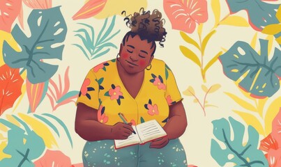 illustration of an overweight Black woman writing in her journal surrounded by colorful tropical leaves and flowers, wearing a yellow floral shirt, with a serene pastel background