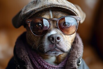 Stylish dog in sunglasses and cap with cozy scarf in autumn setting