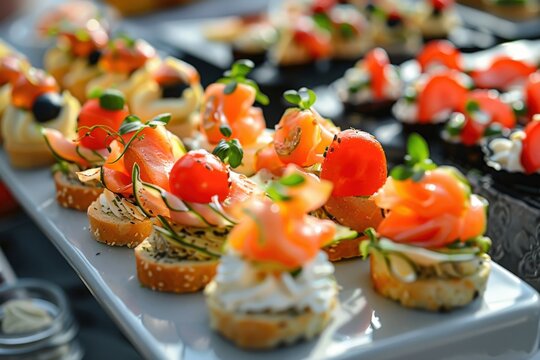 A white platter with a variety of appetizers, including sandwiches, generative ai image