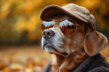 Stylish dog in autumn outfit with sunglasses and cap enjoying fall vibes in park