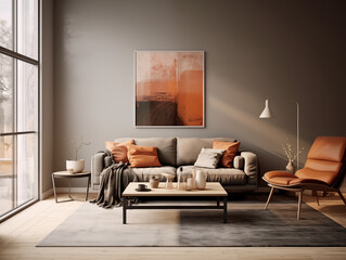 Japandi and wabi sabi inspired living room interior with wood, pottery and texture elements in neutral with autumn palette colors accent