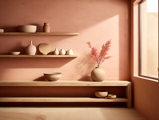Japandi and wabi sabi inspired living room interior with wood, pottery and texture elements in neutral with autumn palette colors accent