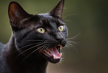 A sleek, black cat with striking yellow eyes is standing on a stone ledge