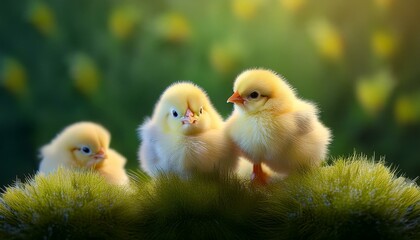 Fototapeta premium とても可愛いヒヨコ、フサフサな草、程よいグラデーション、スタイリッシュな雰囲気 Generated by AI