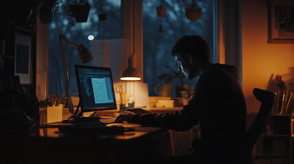 Man working late on computer in home office with warm lighting and night view