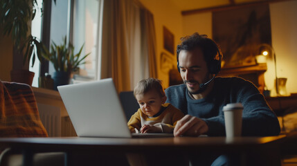 Father working from home with baby on lap, focused on laptop in cozy living room
