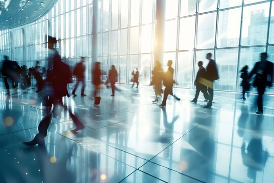 A diverse group of individuals hurriedly walks across a bright, modern lobby with large windows, showcasing a vibrant urban setting during the day. - Powered by Adobe