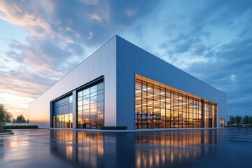Fototapeta premium Modern Warehouse With Large Glass Windows Reflecting a Sunset Near a Quiet Road