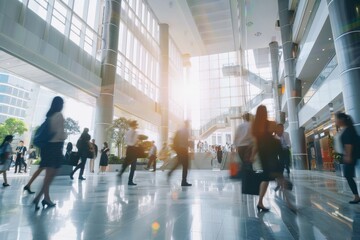 Professionals hurriedly navigate through a vibrant office lobby filled with sunlight, reflecting the bustling atmosphere of a busy urban morning.