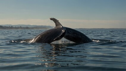Whale on the water surface with spray, then diving.