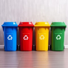 4 Colorful garbage cans in different colors, with recycling symbols on them, lined up along the wall.