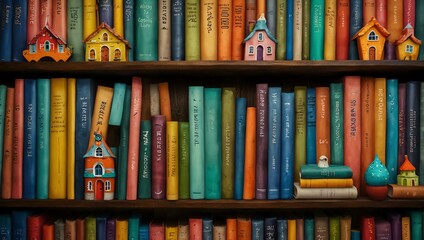 Whimsical bookshelf with colorful houses and books.
