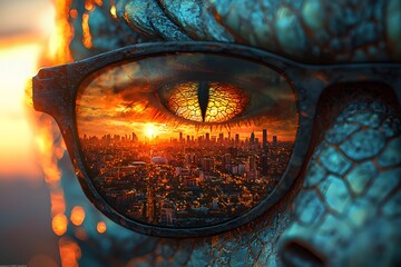 Urban reflection in reptilian eye: sunrise over cityscape