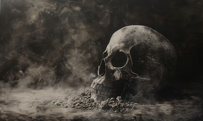 dark fantasy skull in dust and sand, masterfully detailed charcoal drawing with high-quality oil painting textures, evoking mystery and fantasy themes in dark tones