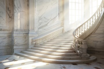 Obraz premium A beautifully designed marble staircase curves upwards, illuminated by soft natural light streaming through large windows, highlighting intricate details.