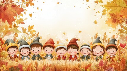 Happy Cartoon Kids in Pilgrim Costumes Celebrating Thanksgiving in Harvest Field with Copy Space Below