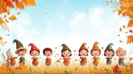 Joyful Thanksgiving Celebration: Cheerful Cartoon Kids in Pilgrim Costumes Frolicking in Harvest Field with Copy Space