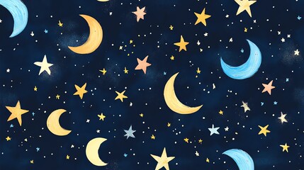 Fototapeta premium A whimsical, hand-drawn pattern of crescent moons and stars against a dark blue night sky.