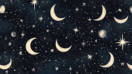 Naklejka premium A whimsical hand-drawn illustration of a starry night sky with crescent moons and twinkling stars.