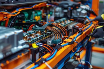 A man in an orange and blue jacket is working on a battery, generative ai image